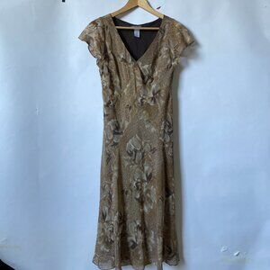 Jones New York 100% Silk Brown Toned Maxi Dress